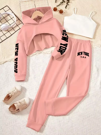 3pcs Girls Trendy Outfit, Crop Hoodies & Cami Top & Sweatpants Set