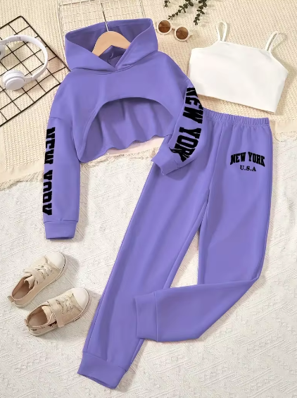 3pcs Girls Trendy Outfit, Crop Hoodies & Cami Top & Sweatpants Set