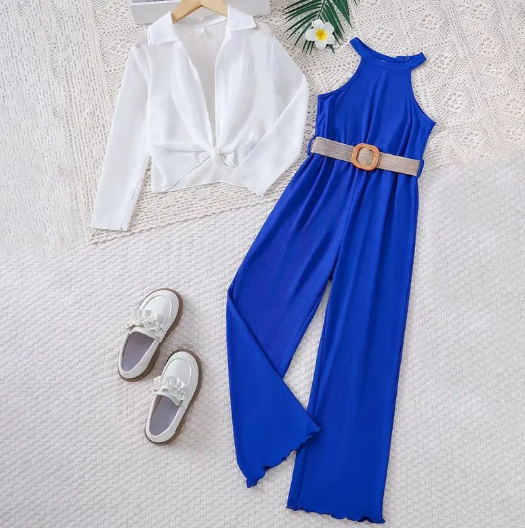 Girls Jumpsuit - 2 Piece Fashion Set with White Cardigan and Elegant Blue Camisole Jumpsuit