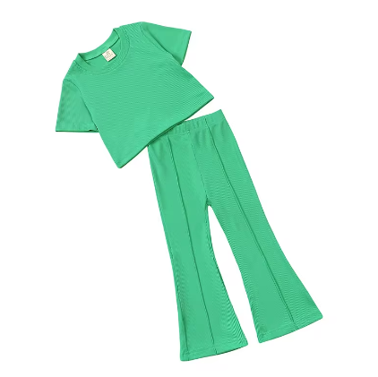 Girls Outfit Sets - Pink, Green & Blue Short Sleeve T-Shirt & Flared Pants 2pcs Set