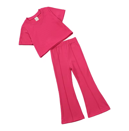 Girls Outfit Sets - Pink, Green & Blue Short Sleeve T-Shirt & Flared Pants 2pcs Set