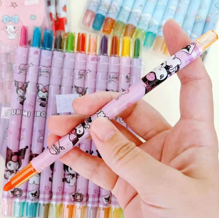 Sanrio Twistable Crayons - Kawaii Kuromi, Hello Kitty & My Melody 12 Colors Rotation Drawing Pen Set