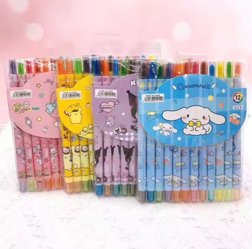 Sanrio Twistable Crayons - Kawaii Kuromi, Hello Kitty & My Melody 12 Colors Rotation Drawing Pen Set