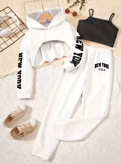 3pcs Girls Trendy Outfit, Crop Hoodies & Cami Top & Sweatpants Set