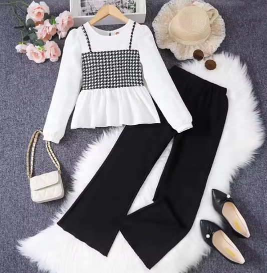 Cute Girl Outfits - Black and White Houndstooth Two Piece Set with Ruffle Details