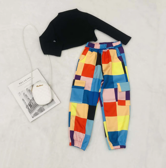 Girls Jogger Set - Black Long-Sleeved T-Shirt & Multi-Color Plaid Trousers
