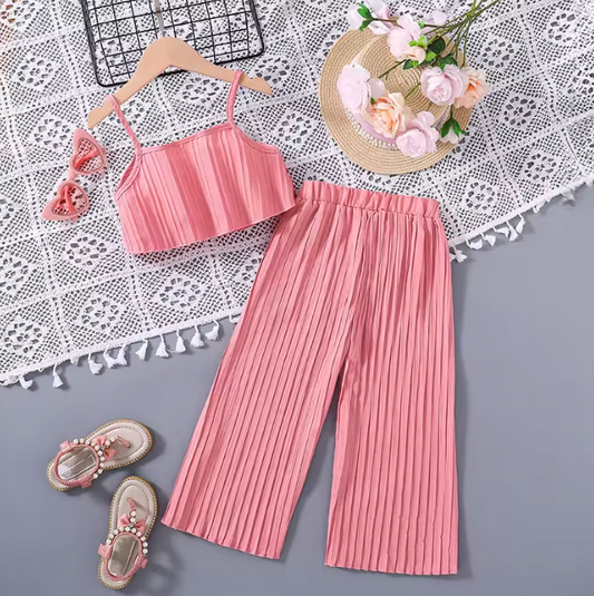 Girls Pink Ruffle Crop Tank and Pants Two Piece Set